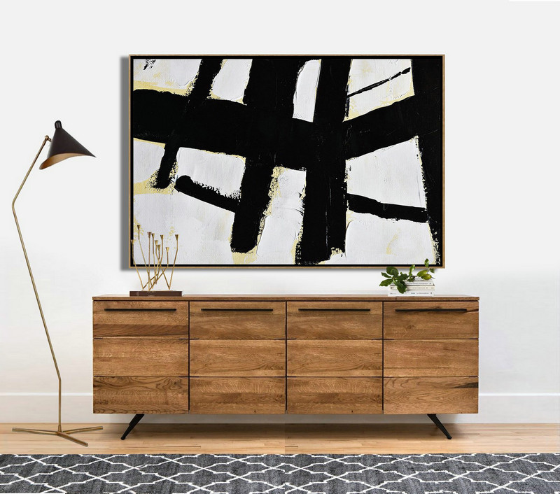 Acrylic Painting Large Wall Art,Horizontal Palette Knife Minimal Canvas Art Painting Black White Beige - Hand Painted Original Art